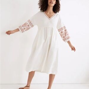 Madewell Embroidered-Sleeve Popover Midi Dress
